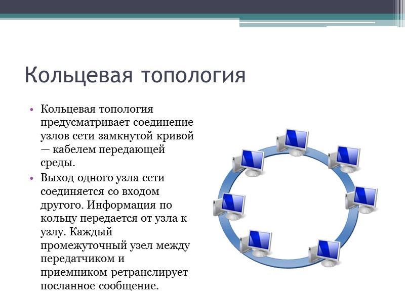 Кольцевая топология Кольцевая топология предусматривает соединение узлов сети замкнутой кривой — кабелем передающей среды.